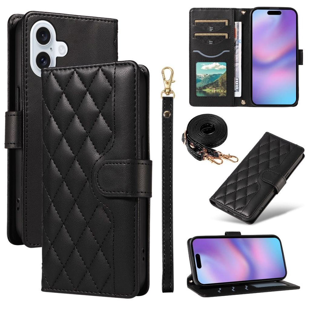 iPhone 17 wallet cover rhombus PU leather with strap - black — Övrigt