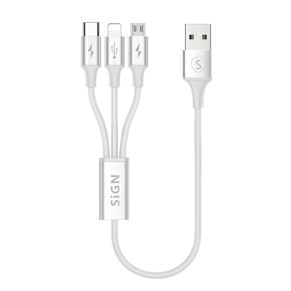 SiGN 3-in-1 Cable 0,25m, Lightning, USB-C,  Micro-USB 5V, 3A - White
