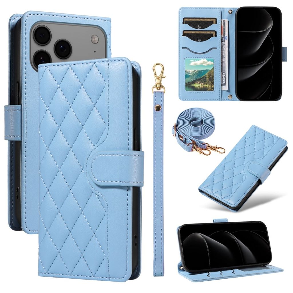 iPhone 17 Pro Max wallet cover rhombus PU leather phone cover - blue