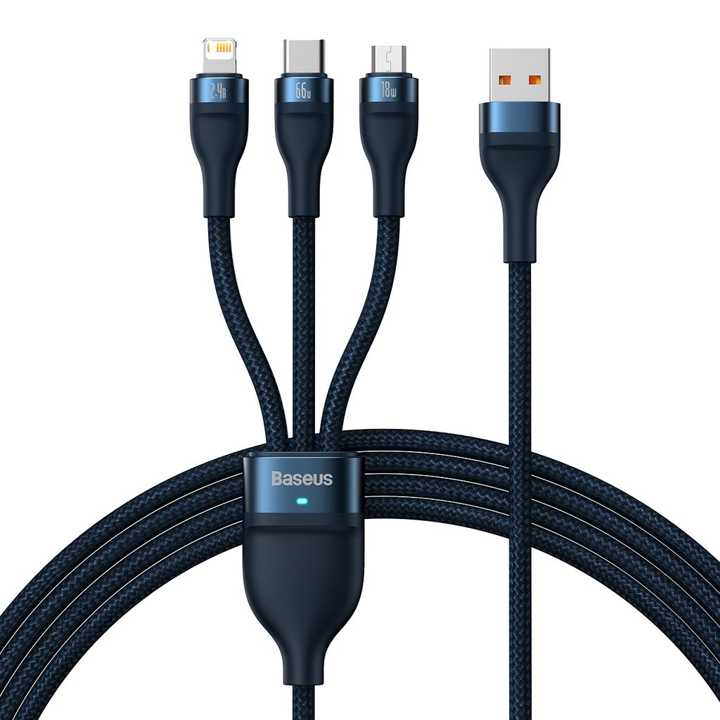 Baseus Flash Series II 3in1 fast charging cable USB-A to USB-C / Micro-USB / Lightning 66W 480Mbps — Baseus