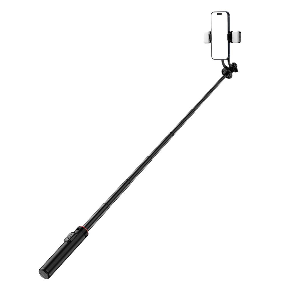 Selfie stick / Telescopic tripod with lamps phone holder,  1.3m  - black