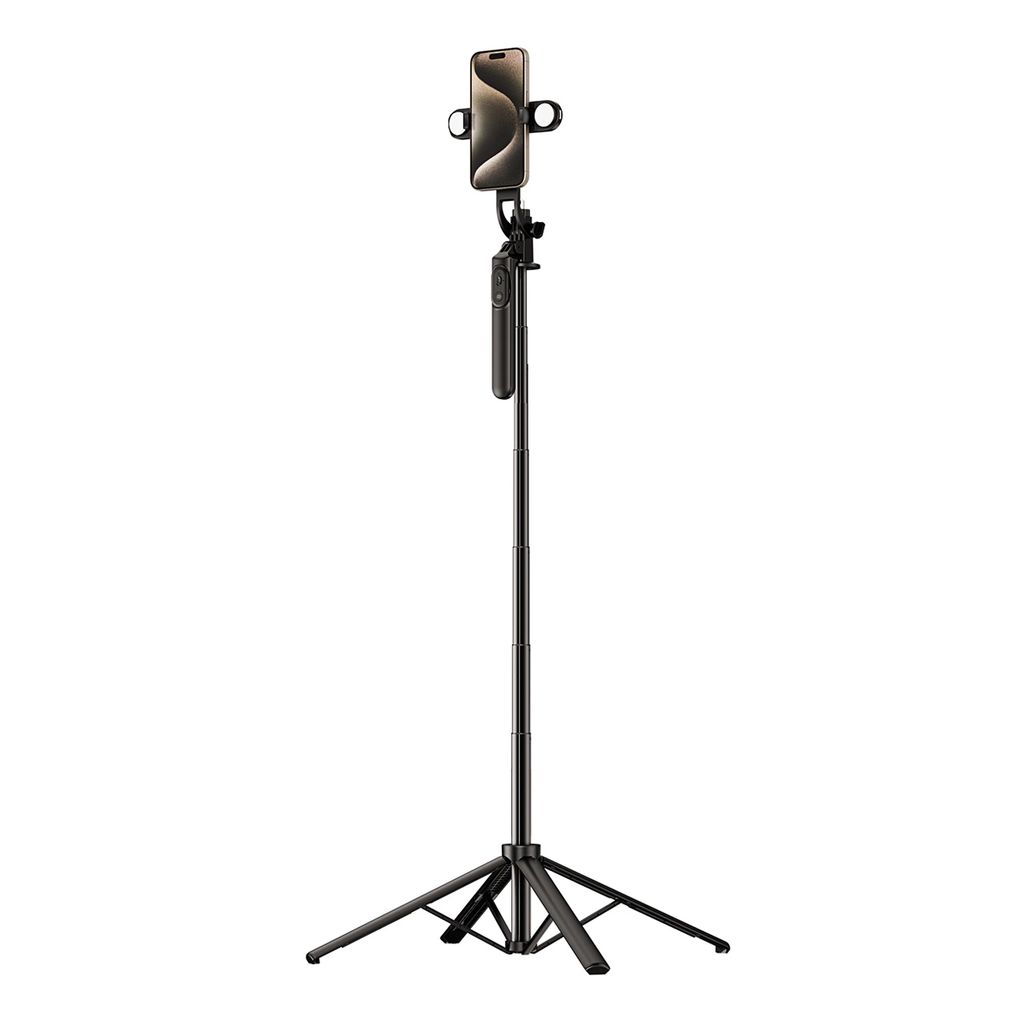 Selfie stick / Telescopic tripod with lamps and phone holder,  1.75m  - black — Hurtel