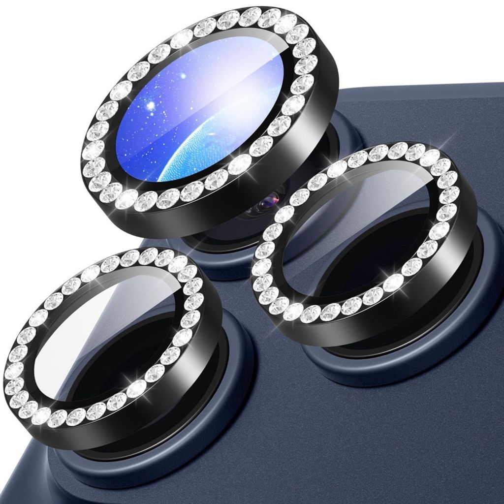 iPhone 18 Pro Tempered Glass Lens Protector with Rhinestone Metal Ring - Black — Övrigt