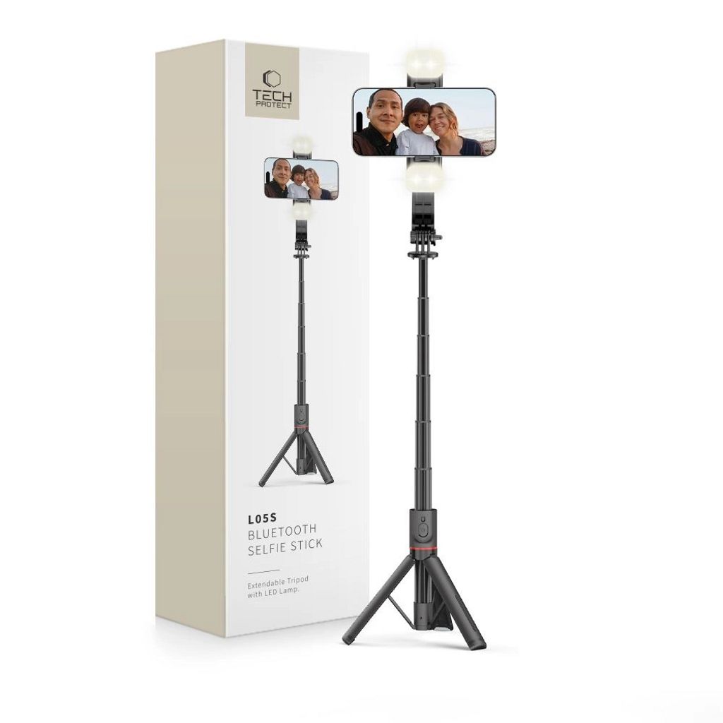Tech-Protect L05S Bluetooth Selfie Stick with Tripod & LED Light, 104cm - Black — Tech-Protect