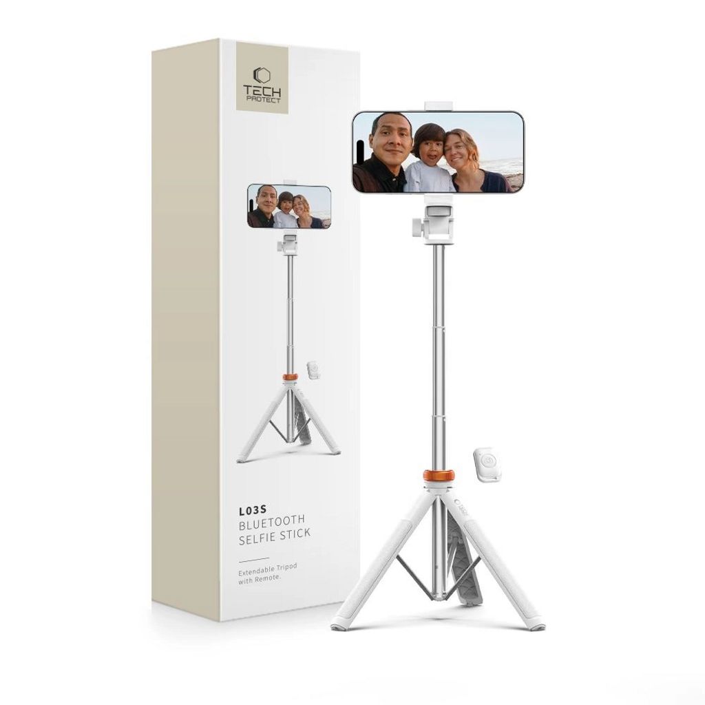 Tech-Protect Bluetooth selfie stick / Tripod with remote control, 148cm - white — Tech-Protect
