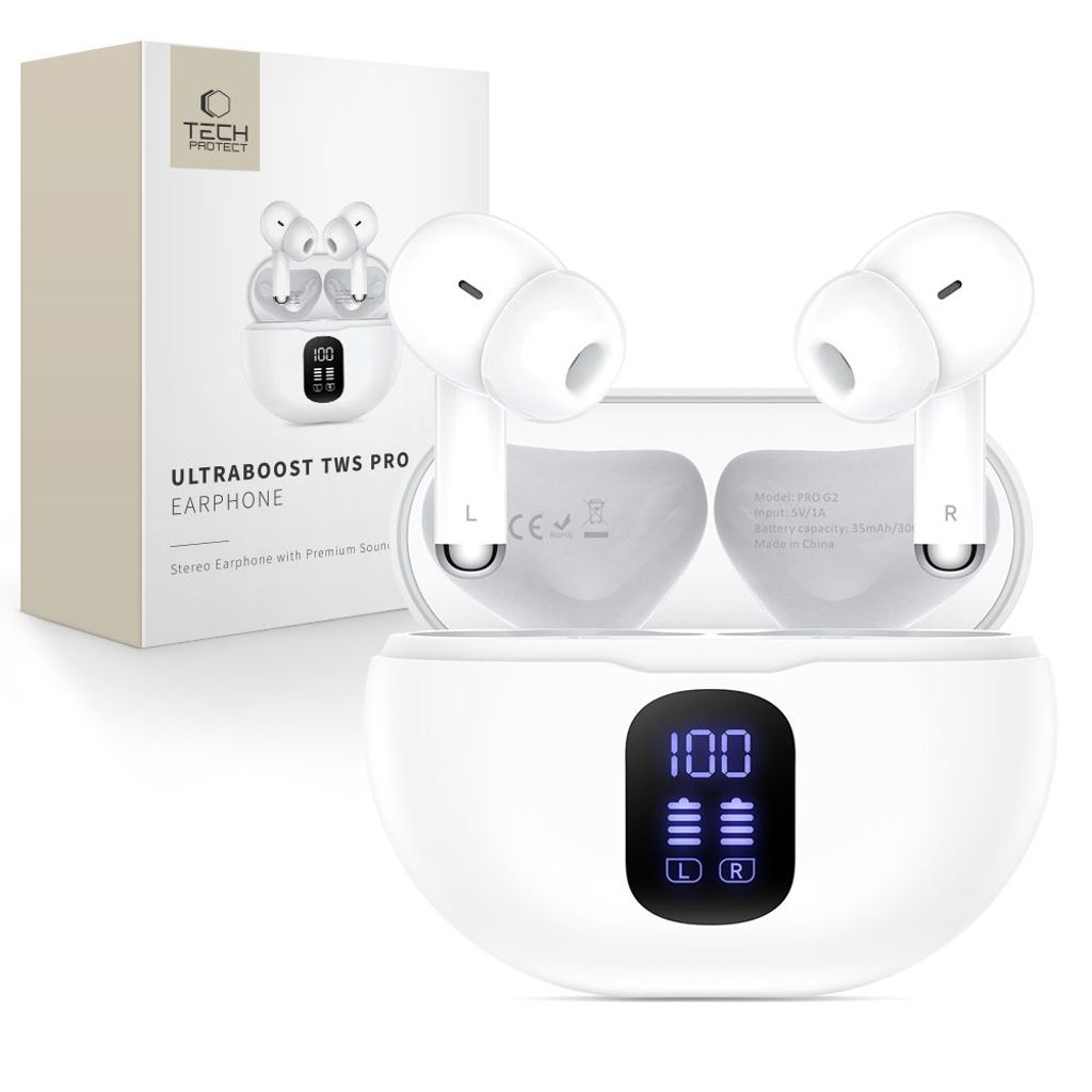 Tech-Protect UltraBoost TWS Pro G2 wireless headphones in-ear – White — Tech-Protect
