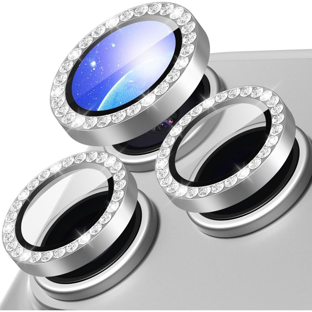 iPhone 18 Pro Max Lens Protector Tempered Glass Metal Ring with Rhinestone - Silver — Övrigt