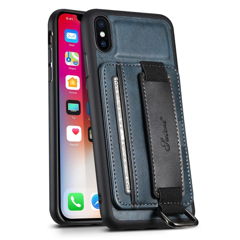 SUTENI H13 Card Holder Case with Hand Strap Kickstand for iPhone XS Max – Blue