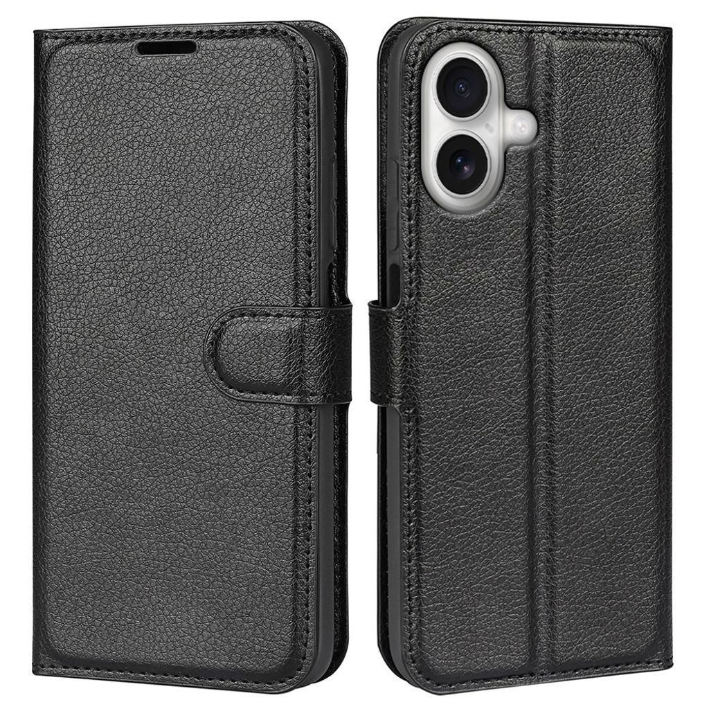 iPhone 17 Wallet Cover Litchi Texture Shockproof - Black