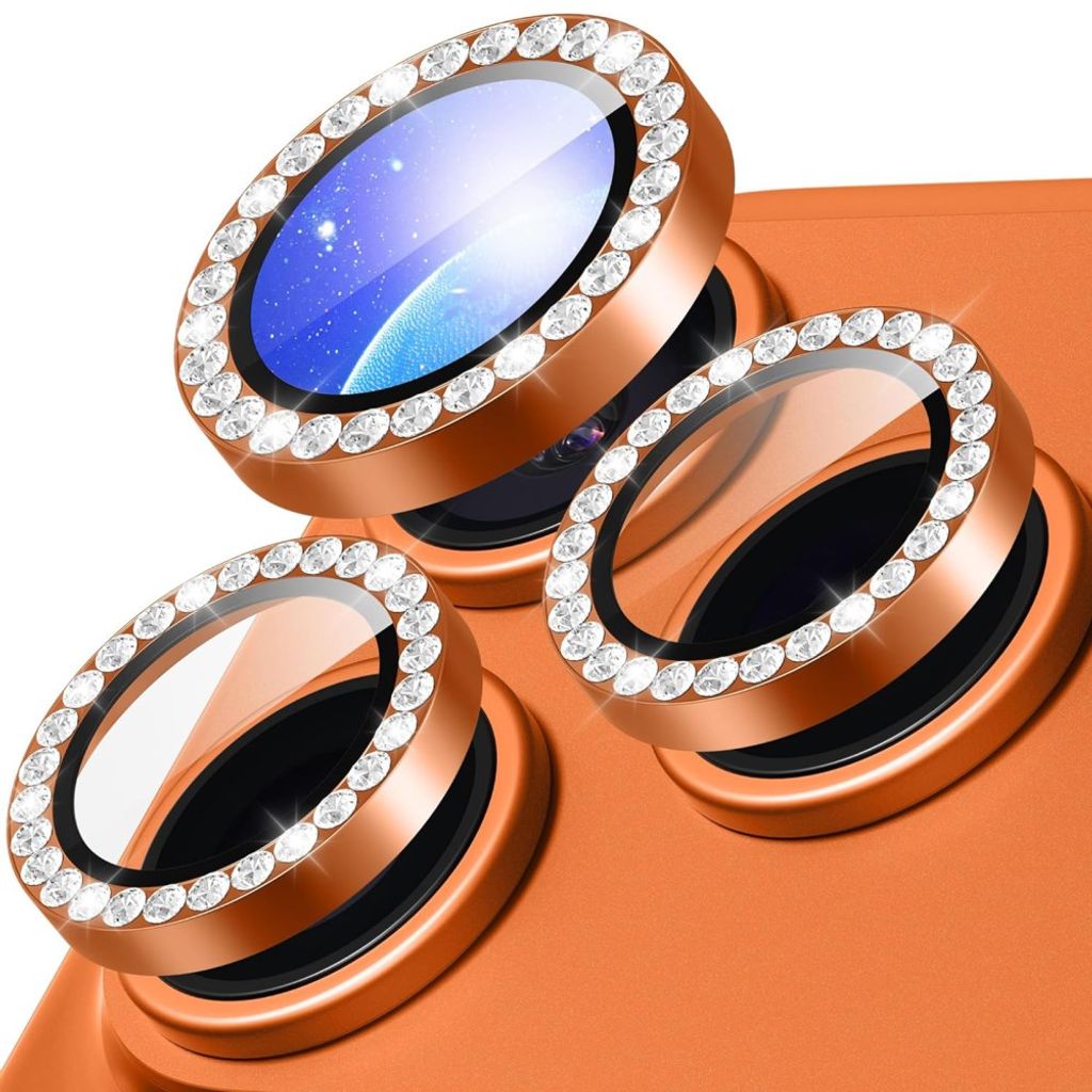 iPhone 18 Pro Tempered Glass Lens Protector with Rhinestone Metal Ring - Orange — Övrigt