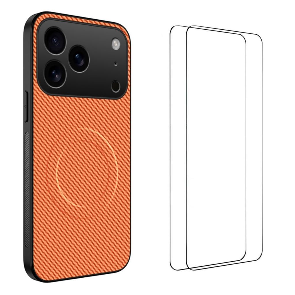 iPhone 18 Pro Carbon Fiber MagSafe Case with 2x Screen Protector - Orange — Övrigt