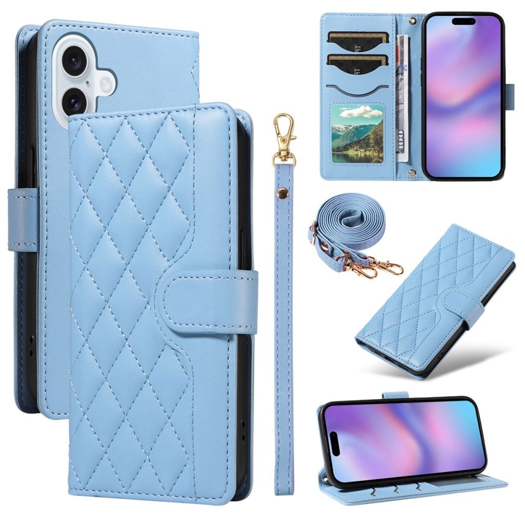 iPhone 17 wallet cover rhombus PU leather phone cover with strap - blue — Övrigt