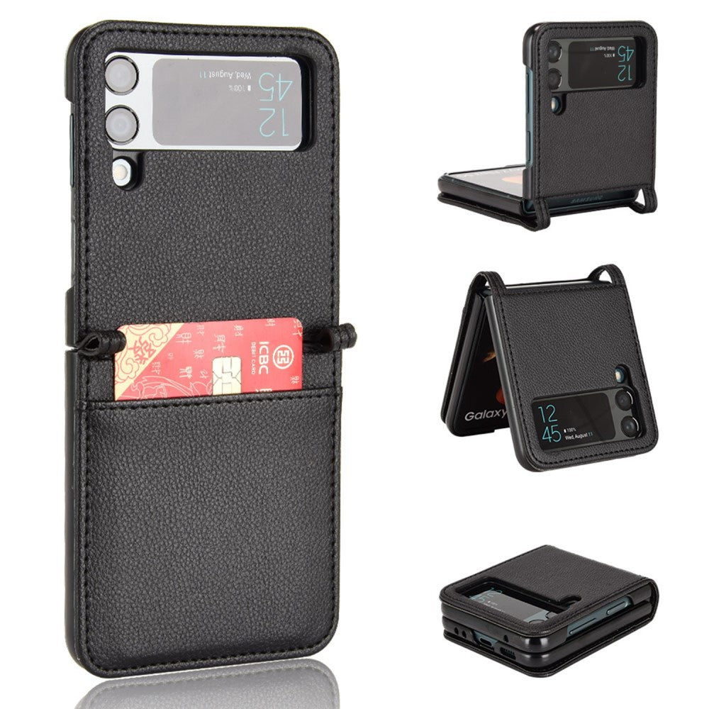 Samsung Galaxy Z Flip4 5G Litchi Texture Phone Case with Card Slot - Black