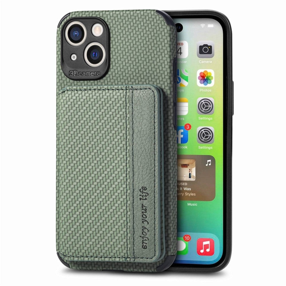 iPhone 14 Carbon Fiber Texture Case with Card Holder - Green — Övrigt