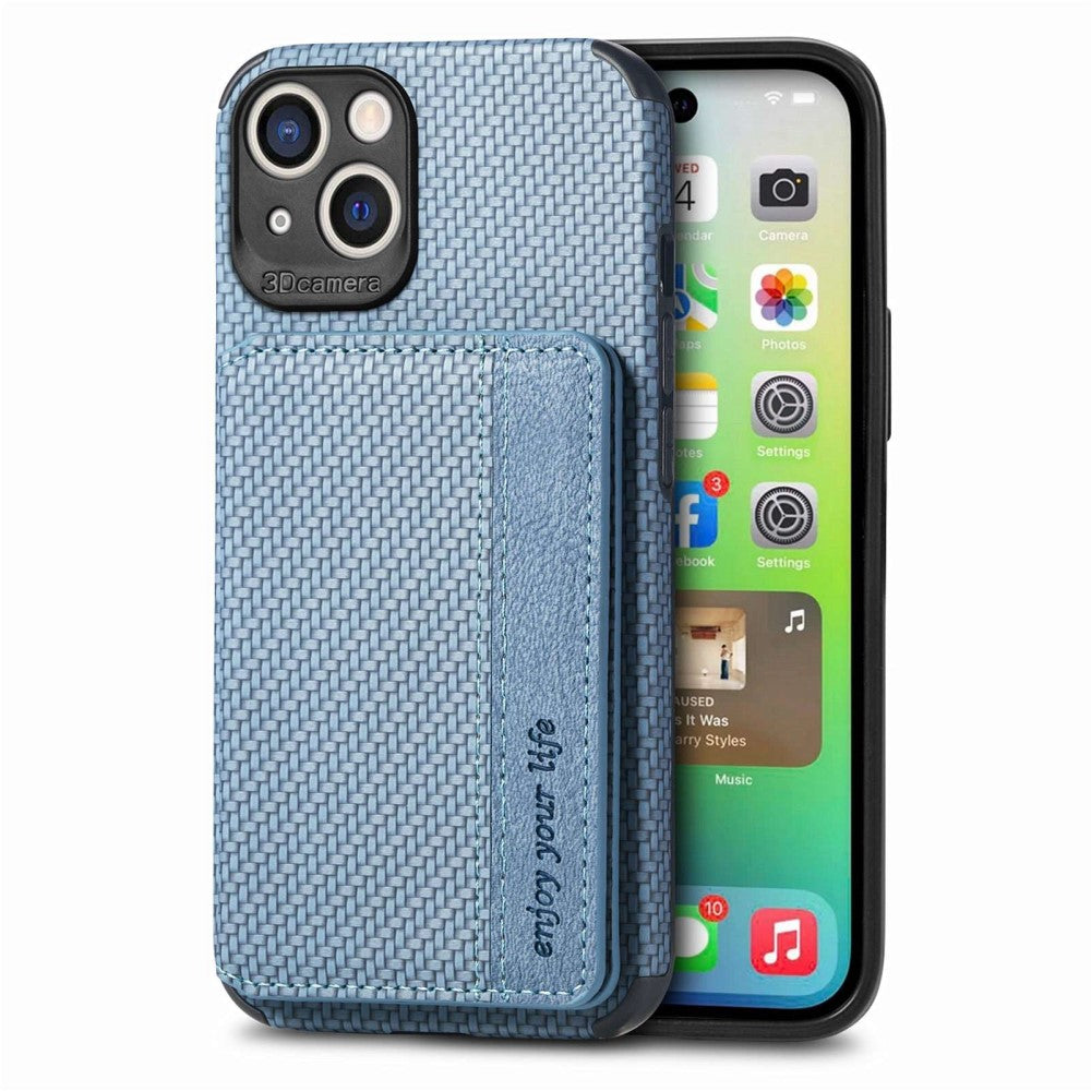 iPhone 14 Carbon Fiber Texture Case with Card Holder - Blue