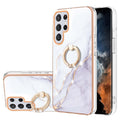 Rotatable, marbled Samsung Galaxy S23 Ultra case with a ring - White