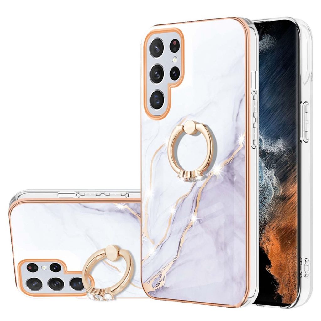 Rotatable, marbled Samsung Galaxy S23 Ultra case with a ring - White