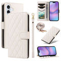 iPhone 17 wallet cover rhombus PU leather phone cover with strap - white