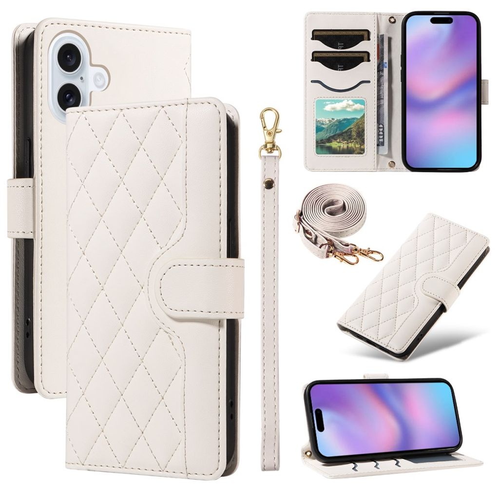 iPhone 17 wallet cover rhombus PU leather phone cover with strap - white