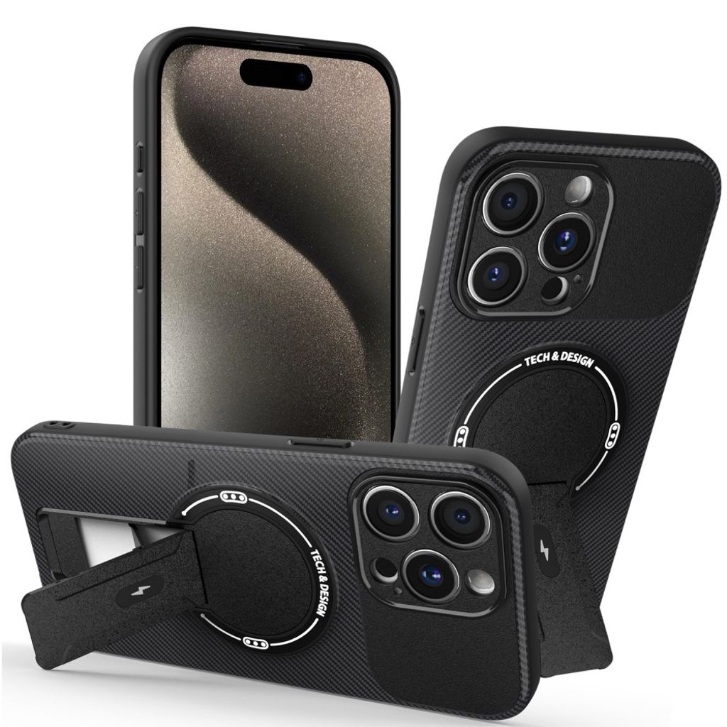 iPhone 15 Pro Case Kickstand Carbon Fiber Texture - Black