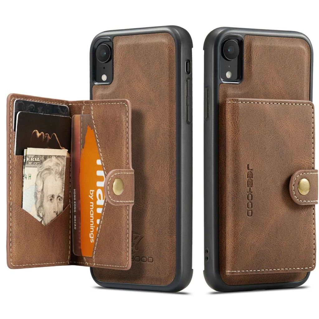 JEEHOOD iPhone XR Wallet Case with Detachable Magnetic Kickstand – Brown