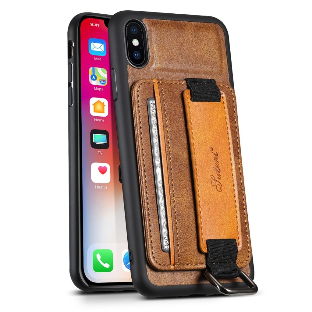 SUTENI iPhone XS Max Wallet Case with Hand Strap – Brown