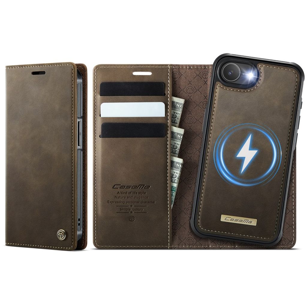 CASEME C49 iPhone 17e/16e Cover MagSafe RFID Blocking Detachable Wallet - Brown