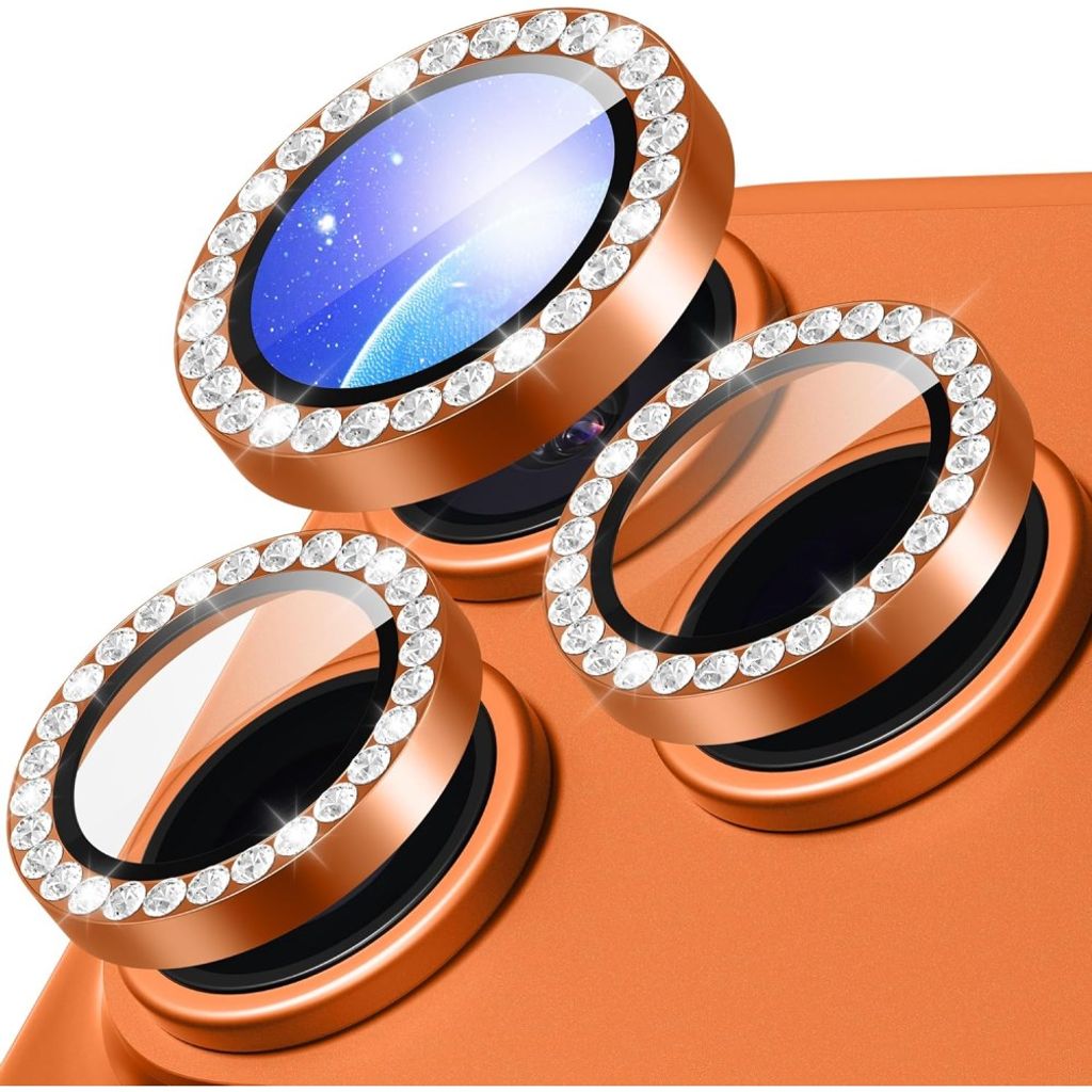 iPhone 18 Pro Max Lens Protector Tempered Glass Metal Ring with Rhinestone - Orange — Övrigt