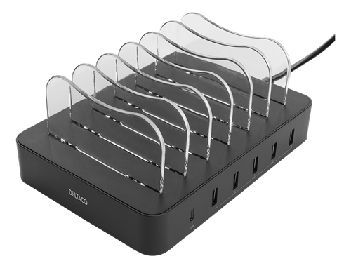 Deltaco USB Charging station, 5x USB-A, 1x USB-C PD, 50W - Black — DELTACO