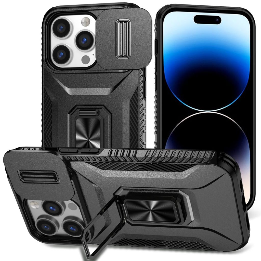 iPhone 14 Pro Case Kickstand Slide Lens Cover - Black