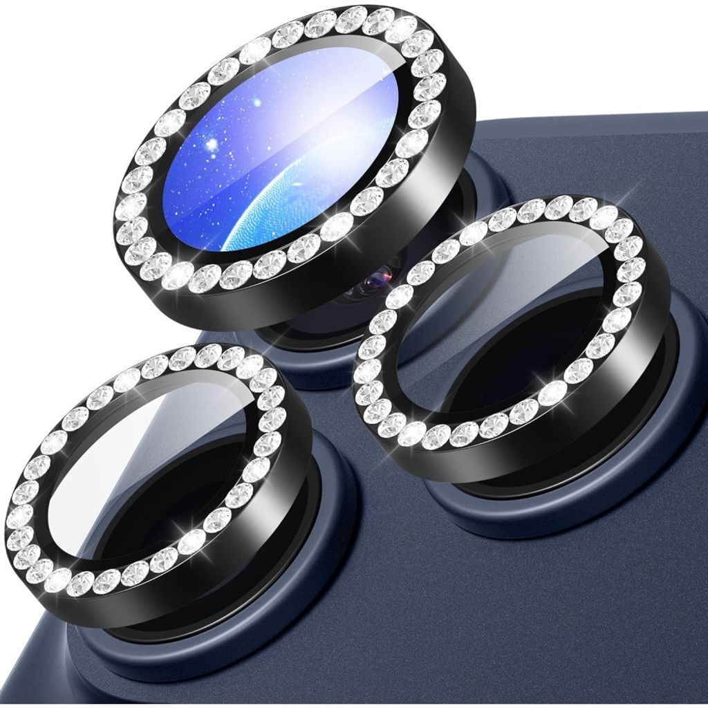 iPhone 18 Pro Max Lens Protector Tempered Glass Metal Ring with Rhinestone - Black — Övrigt