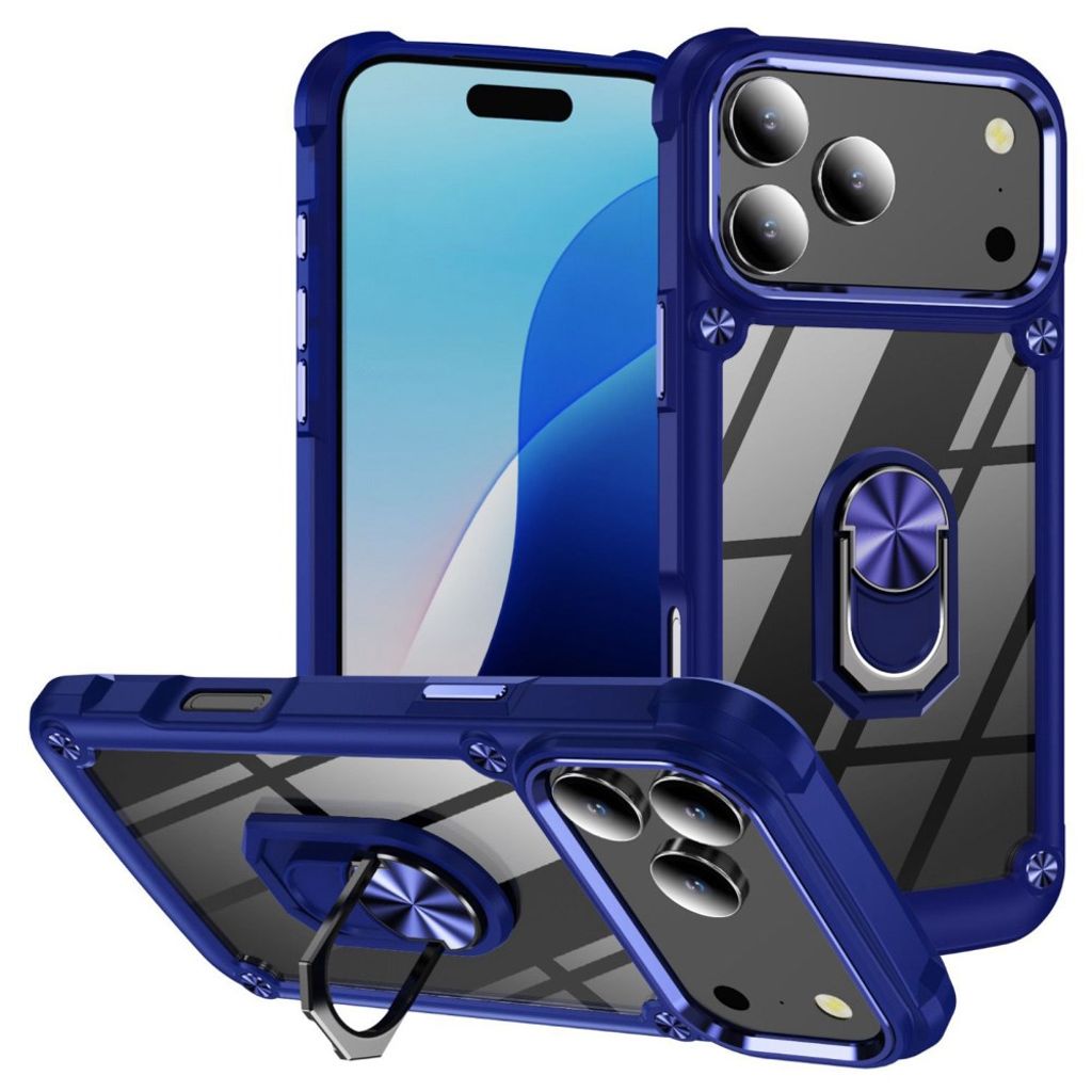 iPhone 17 Pro Max case alloy lens frame kickstand phone back case - blue