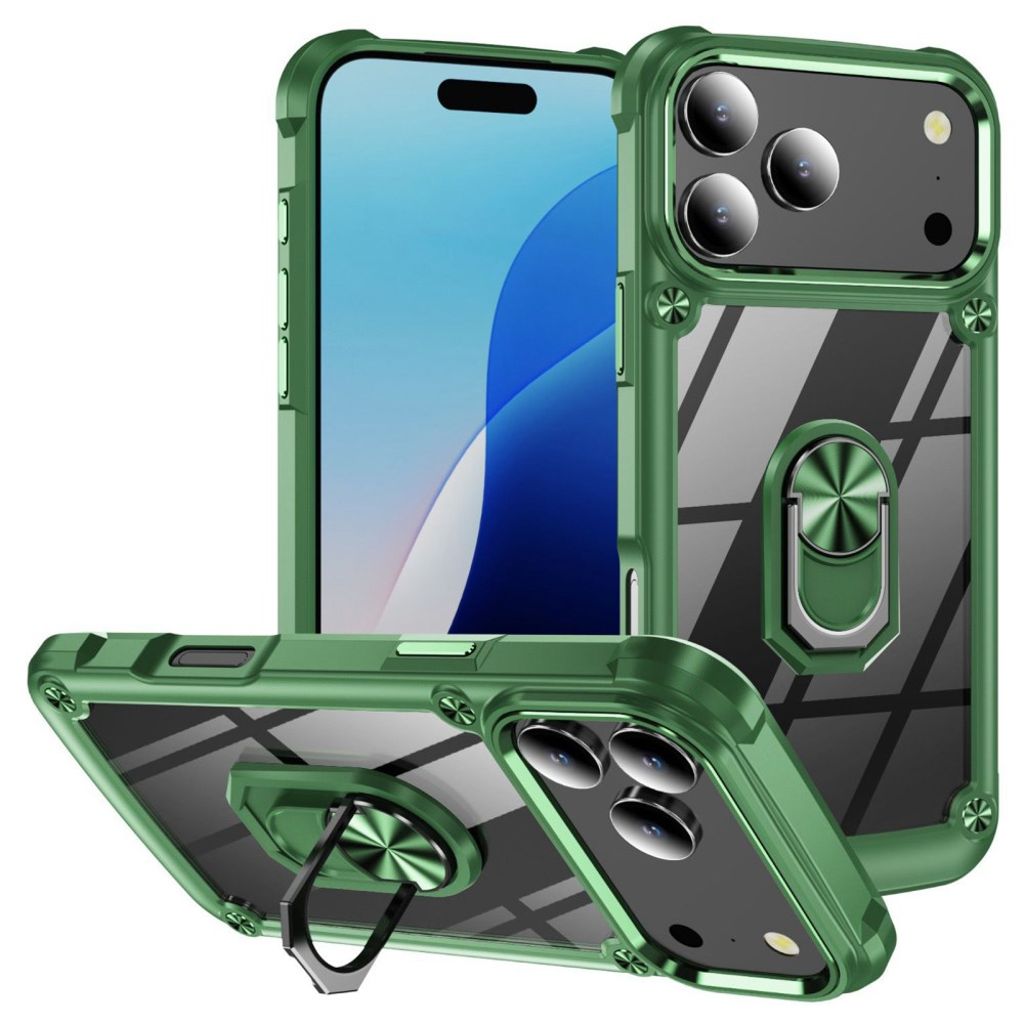 iPhone 17 pro max case green with kickstand and alloy lens frame