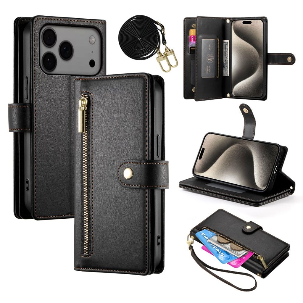 iPhone 17 Pro Max Wallet Cover with carrying strap - Black