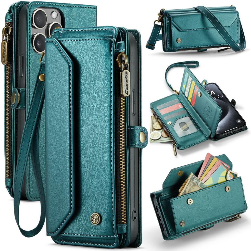 CASEME C36 Wallet Cover with Stand & Zipper for iPhone 16 Pro – Green