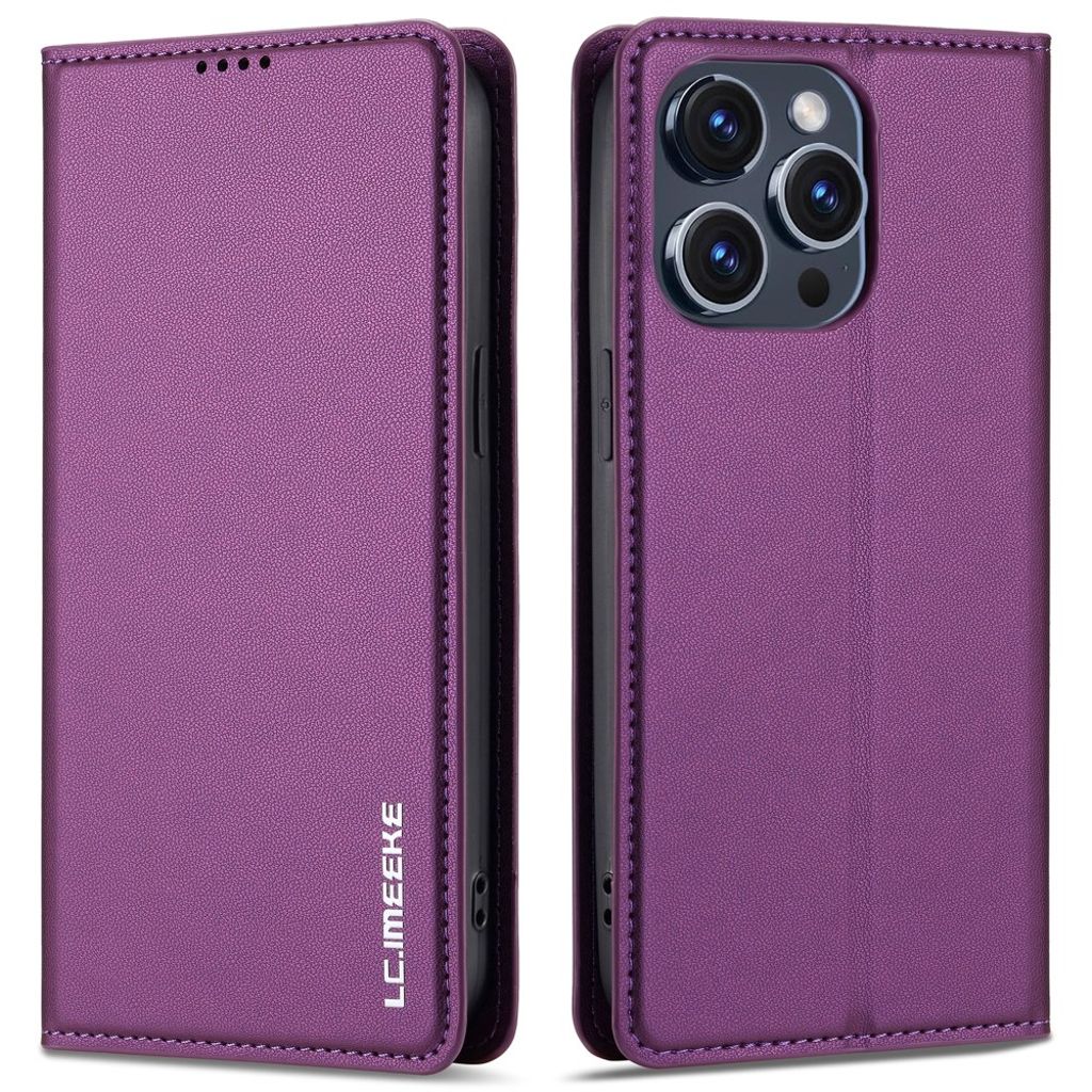 LC.IMEEKE iPhone 14 Pro Wallet Cover Stand PU Leather – Purple