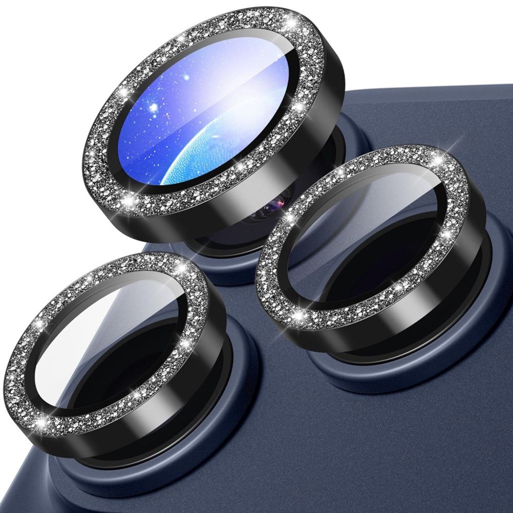 iPhone 18 Pro Lens Protector Metal Ring Tempered Glass Glitter - Black — Övrigt