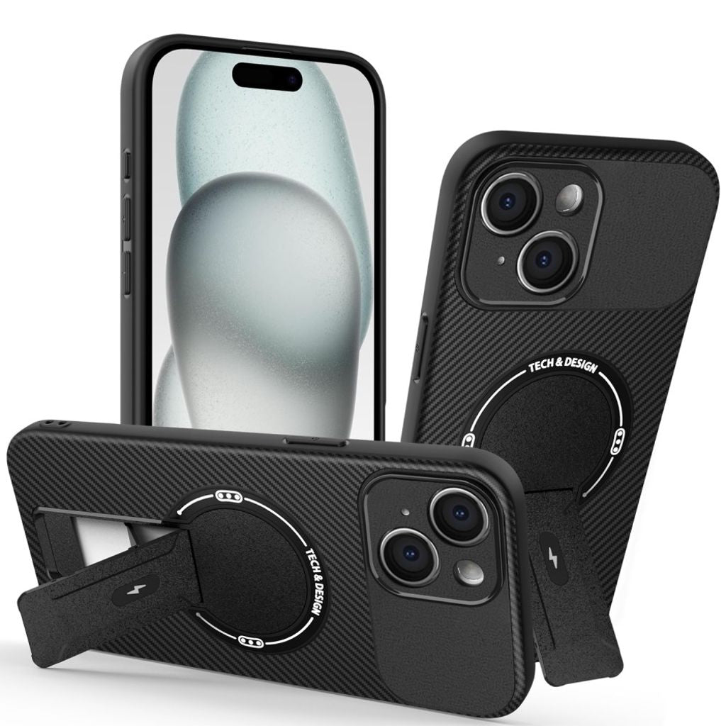 iPhone 15 Case Kickstand Carbon Fiber Texture - Black