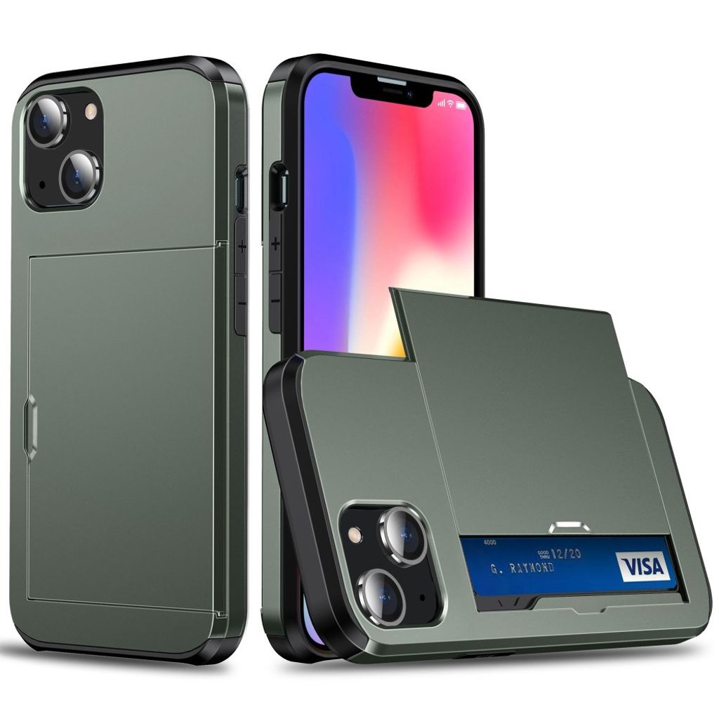 iPhone 14 case with slide card holder - Army Green