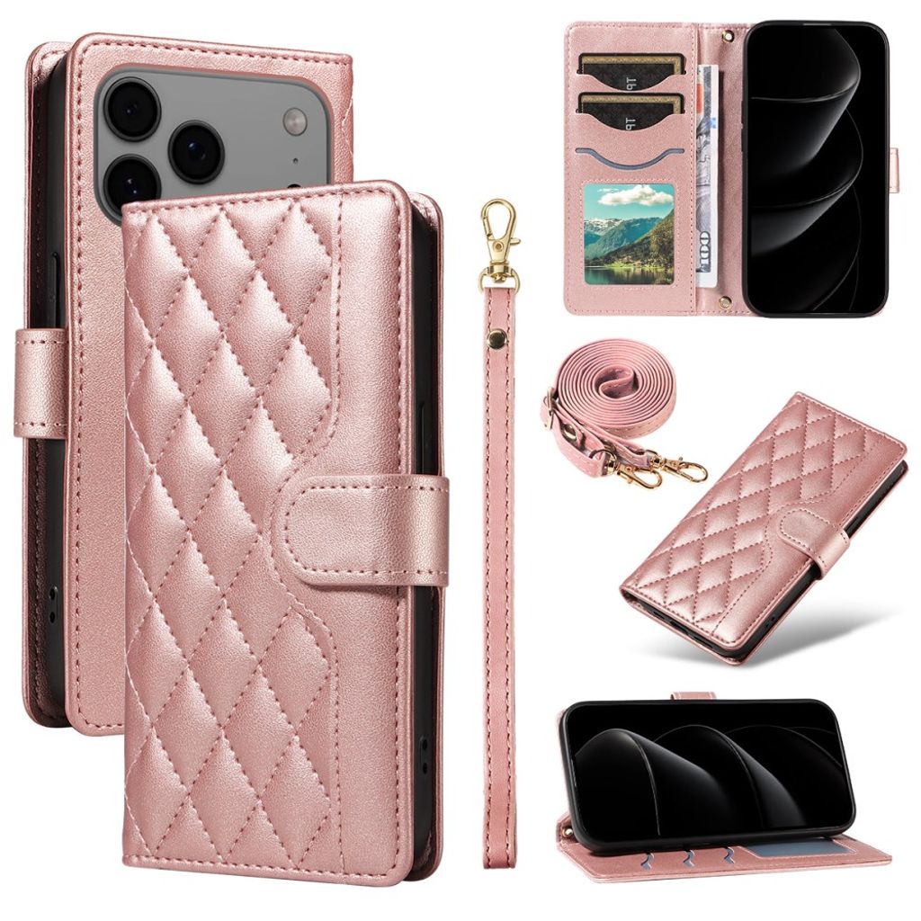 iPhone 17 Pro Max wallet cover rhombus PU leather with strap - rose gold