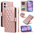 iPhone 17 wallet cover rhombus PU-leather phone cover with strap – rose gold