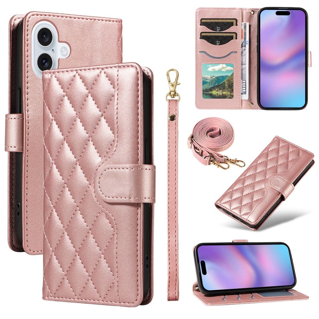iPhone 17 wallet cover rhombus PU-leather phone cover with strap – rose gold