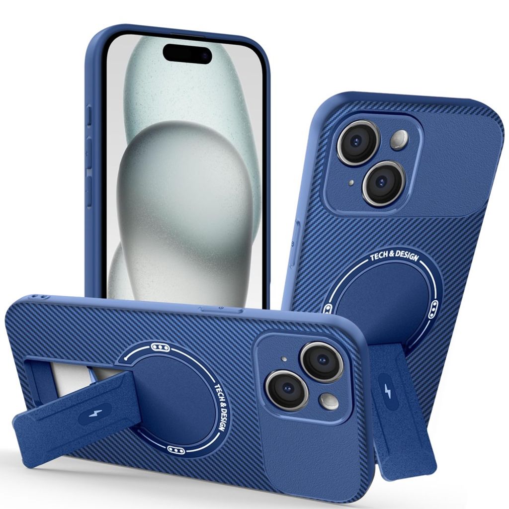 iPhone 15 Case Kickstand Carbon Fiber PC + TPU - Blue