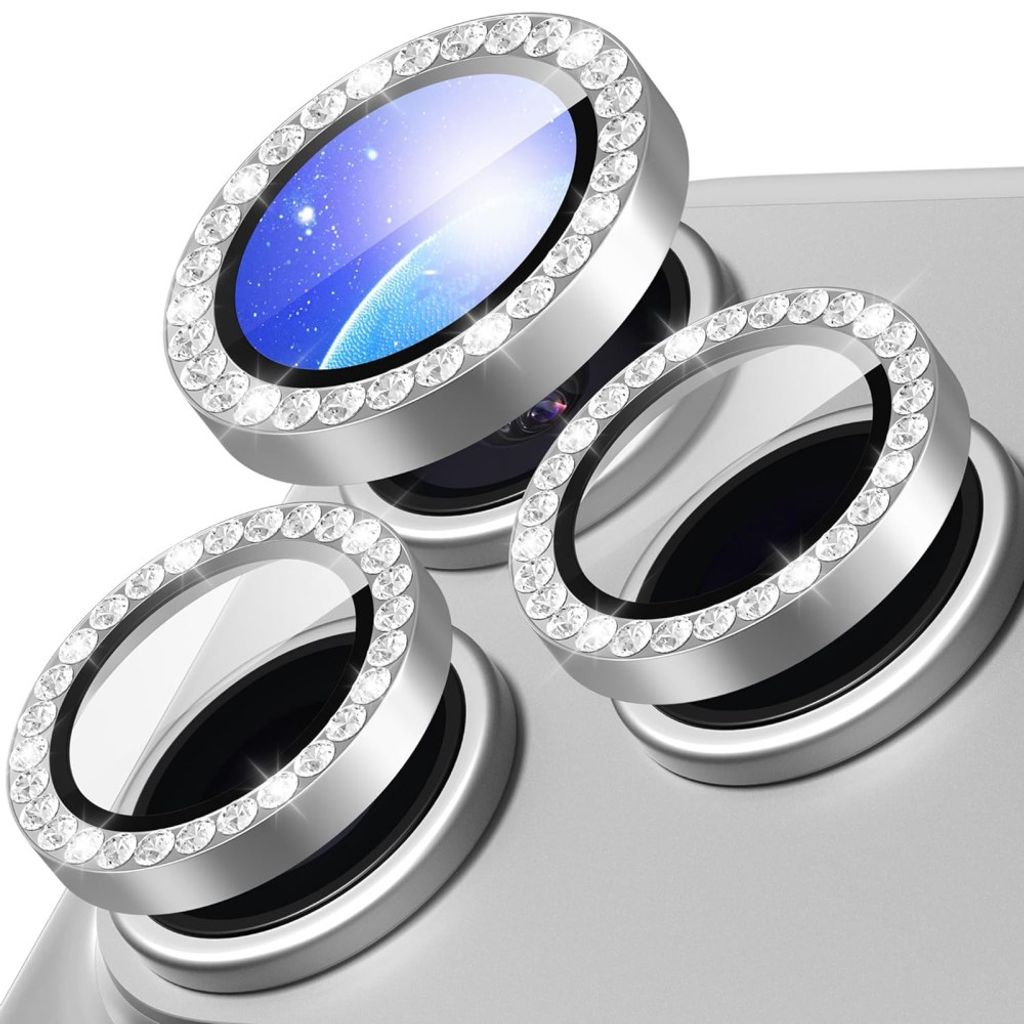 iPhone 18 Pro Tempered Glass Lens Protector with Rhinestone Metal Ring - Silver — Övrigt